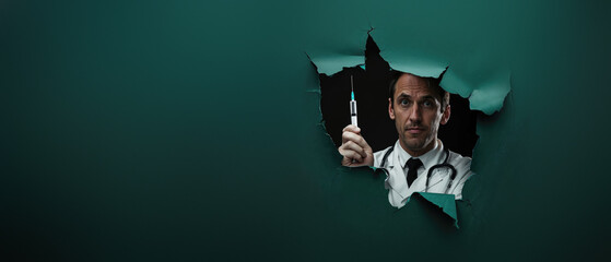A male doctor in a white coat holds a syringe, peeking through a large rip in a green paper background