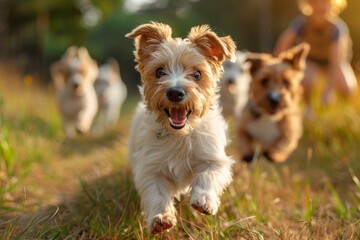 Joyful puppies rush towards the camera, their eyes shining with excitement and the golden hour light accenting their playful energy