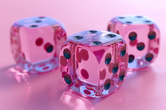 Detailed close-up of three-dimensional dice with a translucent appearance giving a sense of depth and clarity on a reflective surface