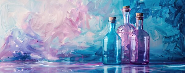 bottles with blue pastel and purple pastel on water