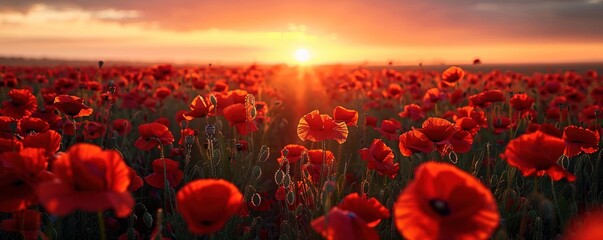 Breathtaking landscape of a poppy field at sunset with the sun dipping low on the horizon, casting a warm glow over the vibrant red flowers