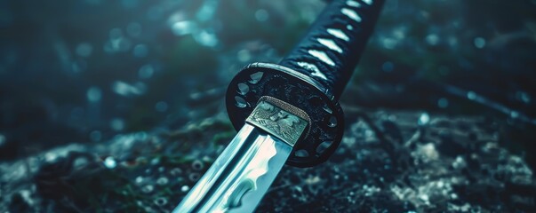 Katana sword close-up with detailed handguard on a blurred natural background. - obrazy, fototapety, plakaty