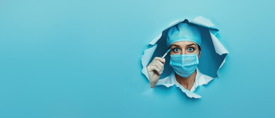A vigilant surgeon with a mask peers through a torn blue paper, indicating caution or preparation