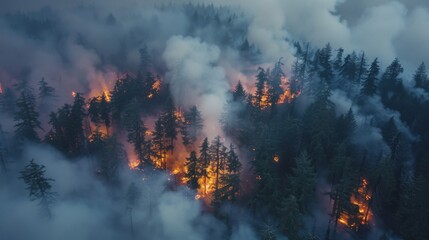 Forest Blaze at Dusk: Conflagration Amidst the Trees - obrazy, fototapety, plakaty