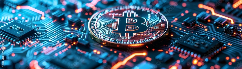 Poster a close-up graph of a bitcoin token positioned on a computer motherboard, illustrating the fusion of