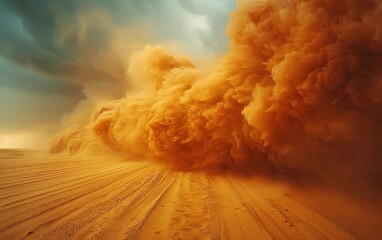 A huge sandstorm is destroying everything as it moves through. - obrazy, fototapety, plakaty