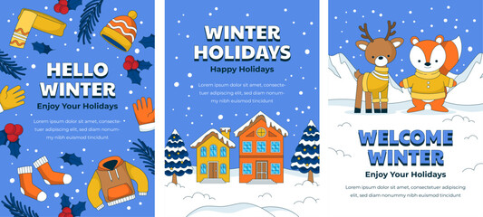 Hand drawn greeting cards collection for winter season