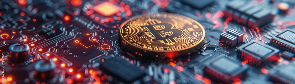 Poster a close-up graph of a bitcoin token positioned on a computer motherboard, illustrating the fusion of