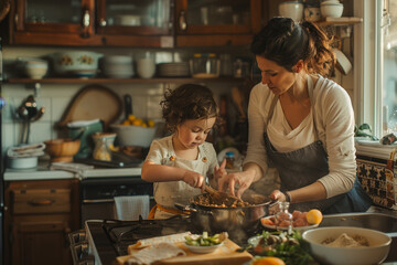 A mother lovingly teaches her young child to prepare a fresh salad in a cozy, sunlit kitchen, surrounded by the warmth of home cooking..