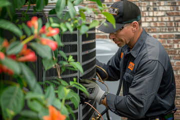 HVAC Technician Servicing Outdoor Air Conditioning Unit.