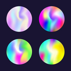 Holographic abstract backgrounds set. Gradient hologram. Plastic holographic backdrop. Minimalistic 90s, 80s retro style graphic template for placard, presentation, banner, brochure.