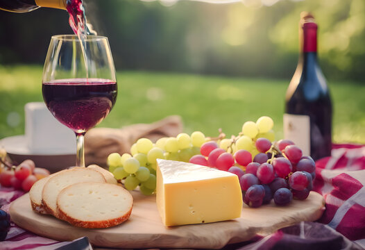 Picnic setting with wine being poured into a glass, assorted cheeses, fresh grapes, and a bottle on a checkered blanket with a sunlit grassy background. National cheese and wine day.