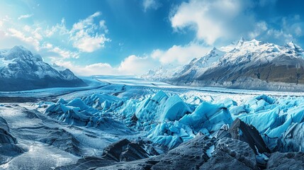 A panoramic view of a glacier with deep blue ice, contrasting with rugged mountains, nature landscape - obrazy, fototapety, plakaty