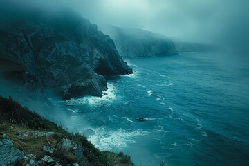 Misty Cliffs Overlooking Turbulent Ocean Waves.