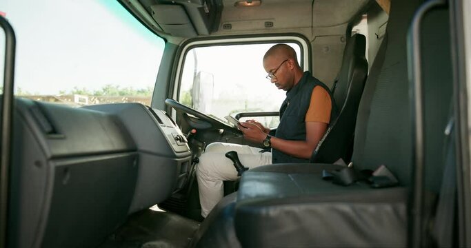 Black man, van and check on tablet for delivery schedule, courier app and logistics management with dispatch system. Person and digital technology for tracking or online updates and distribution.