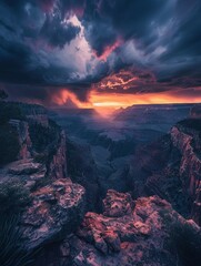 A thunderstorm over a vast canyon, dramatic and powerful nature landscape