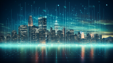 Naklejka premium Abstract glowing big data forex chart on blurry city backdrop. Trade, technology, investment and analysis concept