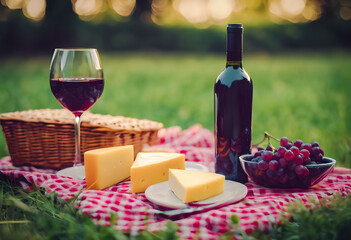 Picnic scene with red wine in a glass and bottle, cheese wedges on a plate, grapes in a bowl, and a wicker basket, all set on a red checkered blanket with a sunlit grassy background.
