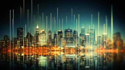Fototapeta na wymiar Abstract glowing big data forex chart on blurry city backdrop. Trade, technology, investment and analysis concept