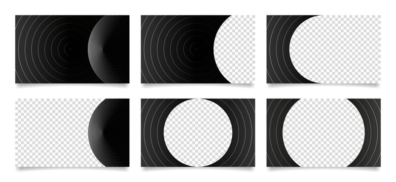 Set of black and white presentation slides. Abstract business card templates with transparent space. Background with trendy geometric pattern, rounds and circles. Futuristic cosmic design