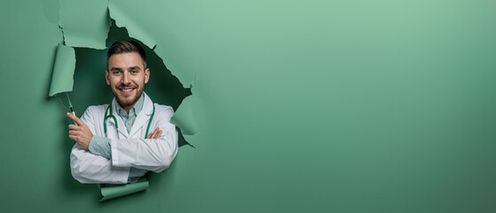 male doctor in medical attire holding a lightbulb breaks through a turquoise paper background