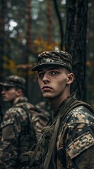 Obraz premium emotionless young soldiers in military uniform standing in a forest and looking at camera