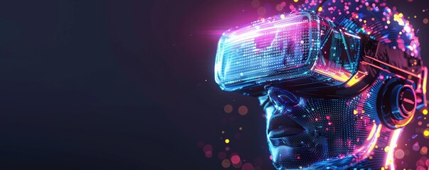 fantasy illustration of headshot of cyborg character of glowing neon colors dots in virtual reality headset on dark background