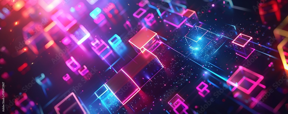 Poster geometric shapes and structures in colorful neon colors and lights in cyberspace against dark backgr