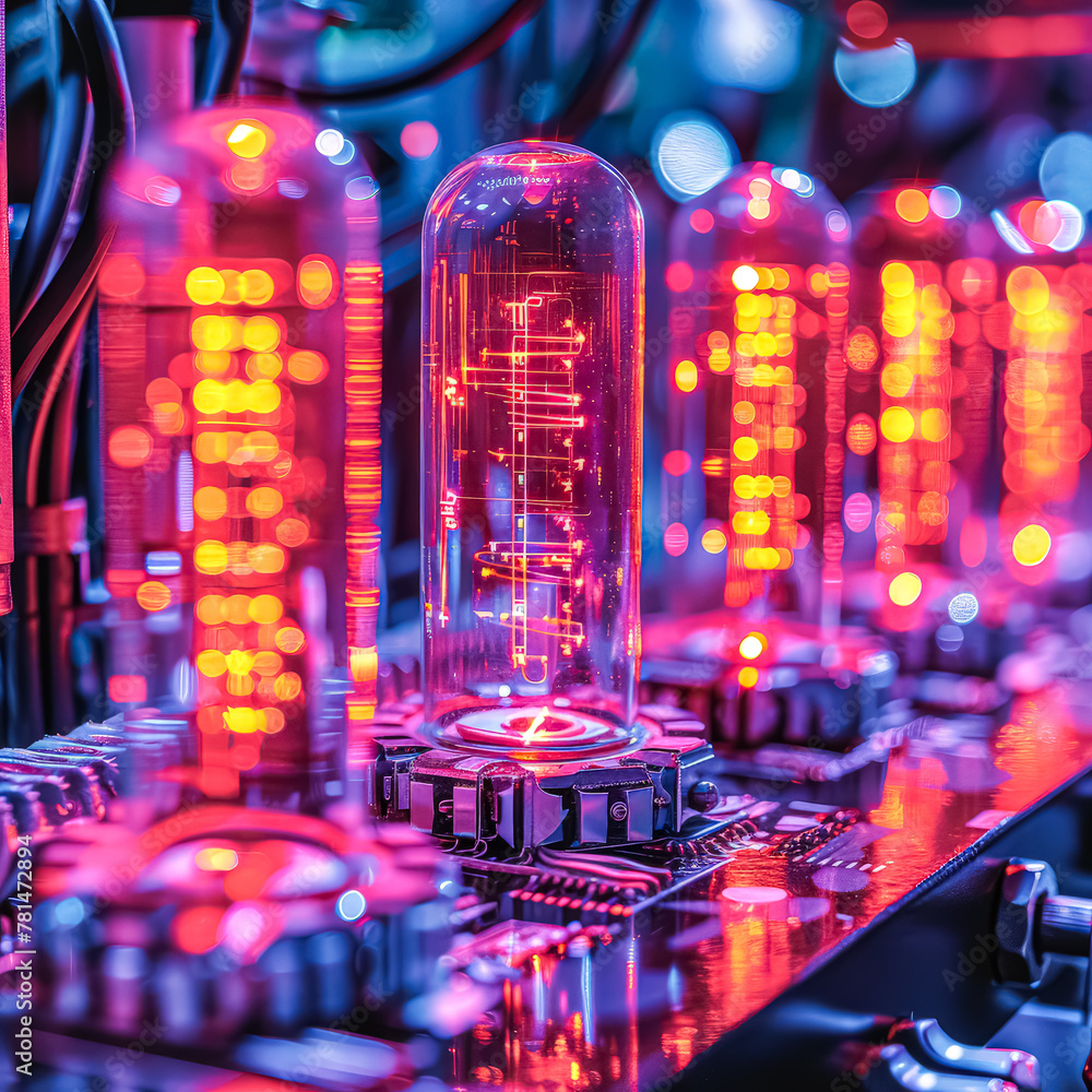 Poster a computer chip is lit up with a red glow. the chip is surrounded by a blue and red background