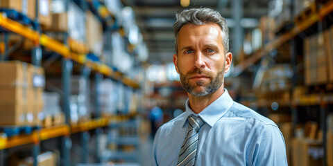 Confident Warehouse Manager Overseeing Logistics Operations - obrazy, fototapety, plakaty