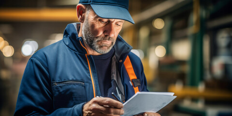 Experienced Technician Reviewing Work Orders in Industrial Setting - obrazy, fototapety, plakaty
