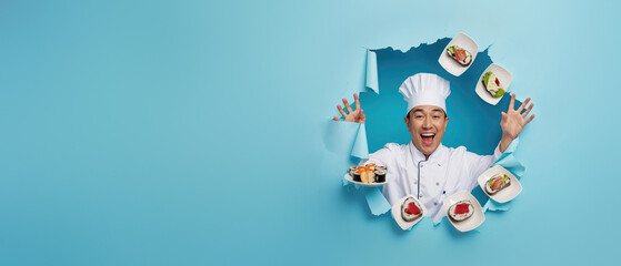 Happy chef presenting multiple gourmet dishes through a torn blue paper background