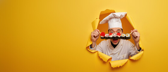 Creative presentation of a chef holding sushi pieces through a yellow torn paper background