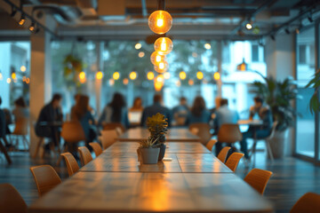Cozy Modern Cafe Interior with Warm Lighting and Customers - obrazy, fototapety, plakaty
