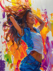 Joyful Woman Dancing in Colorful Abstract Painting.