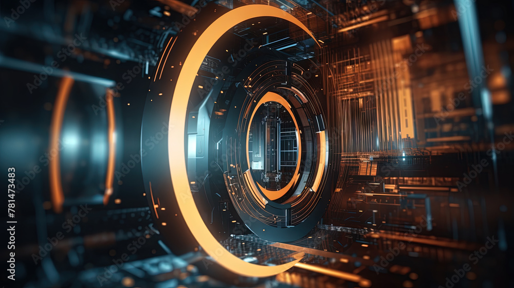 Poster Technology abstract background with hud styled round interface elements in neon tech light.