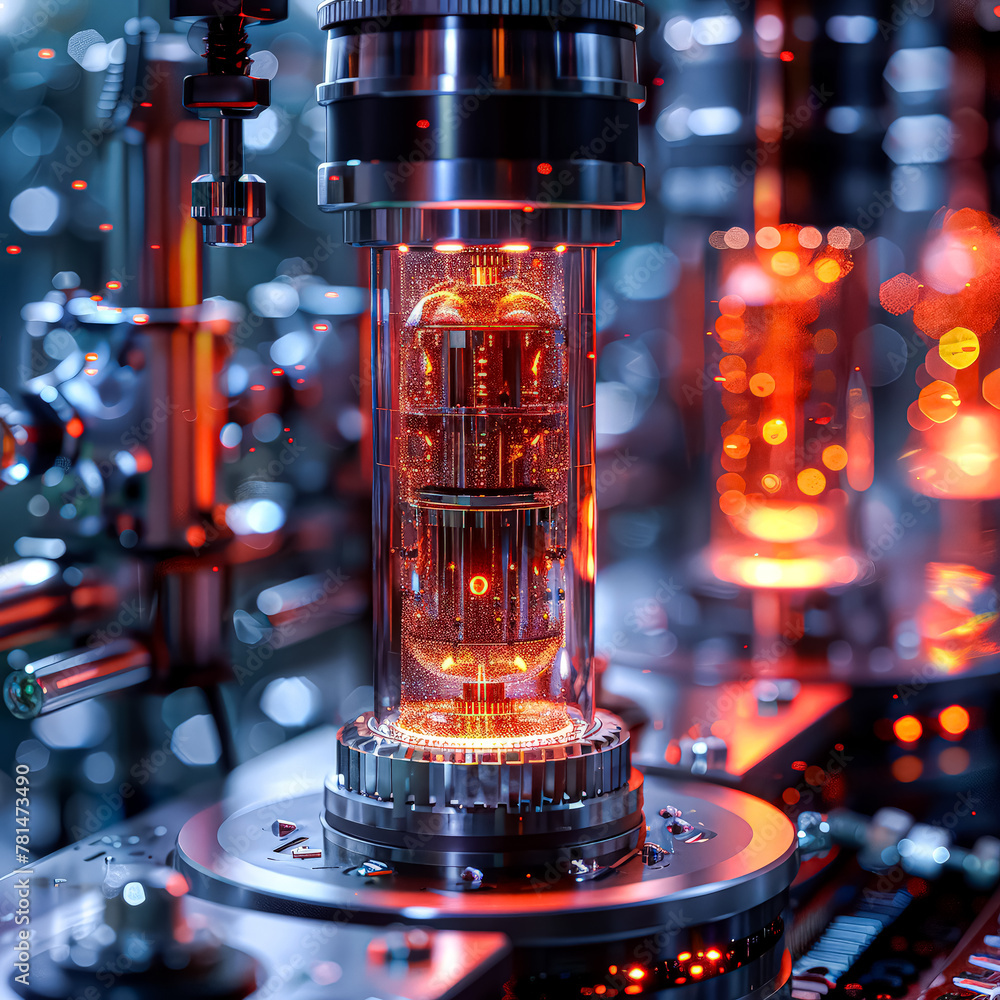 Poster a computer chip is lit up with a red glow. the chip is surrounded by a blue and red background