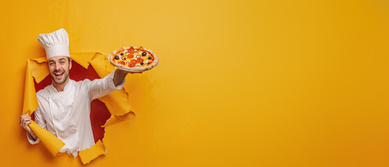 A happy chef in uniform emerges through a torn hole, presenting a delicious pizza with a vibrant yellow background