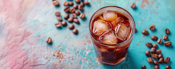 Iced americano coffee with coffee beans on color background