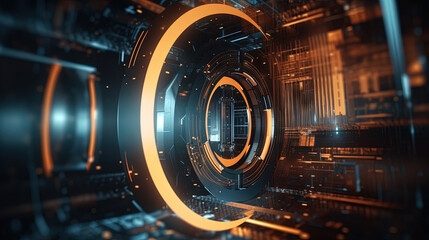 Technology abstract background with hud styled round interface elements in neon tech light. - obrazy, fototapety, plakaty