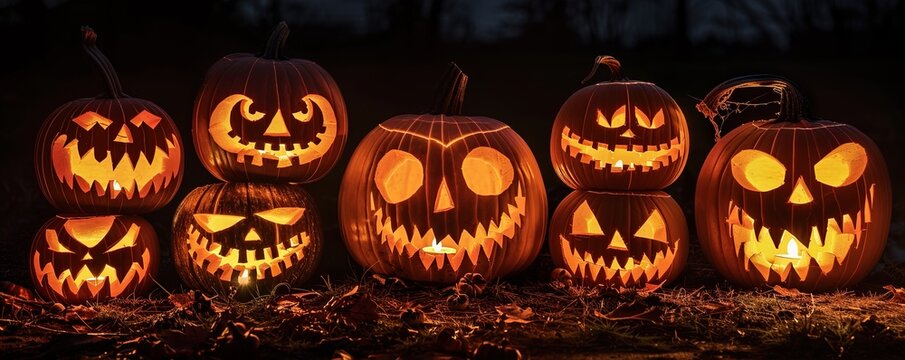 illuminated carved pumpkins with different evil faces in darkness at Halloween night