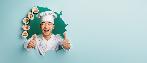Smiling chef in white hat giving two thumbs up while holding sushi behind a green torn backdrop
