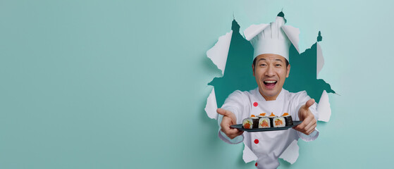 Joyous chef holding sushi through a blue paper tear, echoing excitement and culinary passion