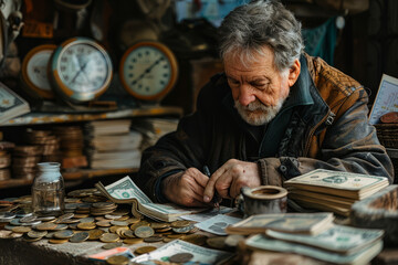 Elderly Man Counting Money at Antique Shop.