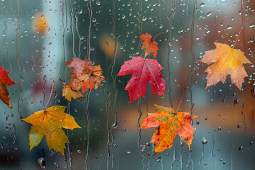 Autumn Leaves on Rainy Window Background