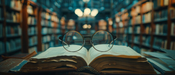 Vintage Eyeglasses on an Open Book in Classic Library Ambience