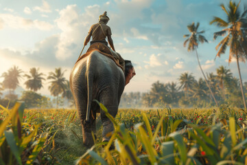 A person embarks on a mystical journey riding an elephant towards an ancient temple surrounded by a lush landscape. - obrazy, fototapety, plakaty