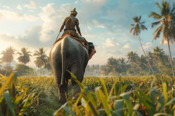 Foto auf Acrylglas A person embarks on a mystical journey riding an elephant towards an ancient temple surrounded by a lush landscape. © bajita111122