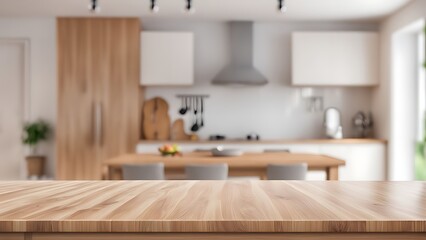 Fototapeta na wymiar wooden table top on blur kitchen room background modern contemporary kitchen room interior