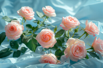 Ethereal Light Pink Roses on Soft Blue Drapery Background